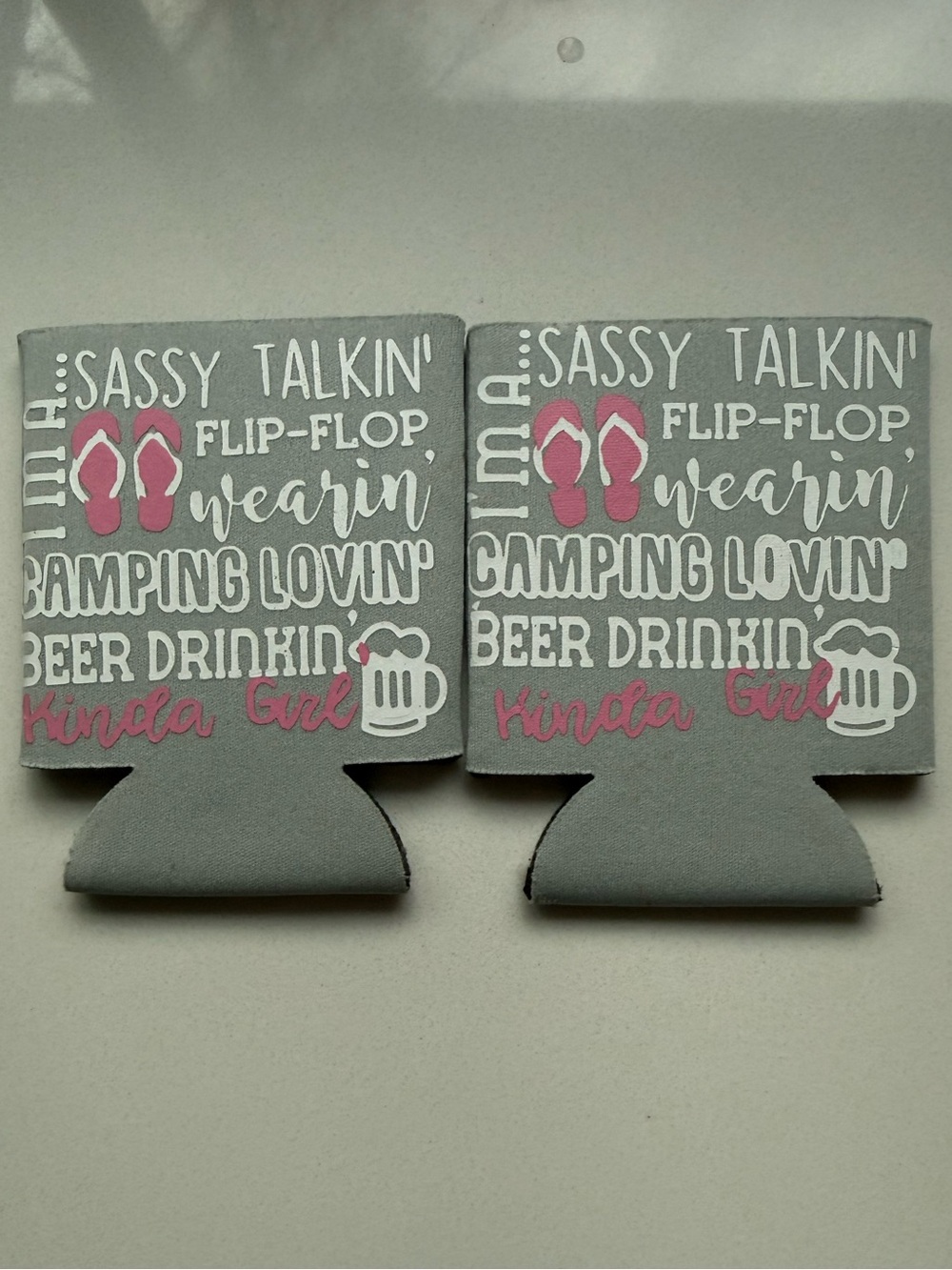 Sassy Talkin' Flip-Flop Wearin' Camping Lovin' Beer Drinkin' Girl can koozie